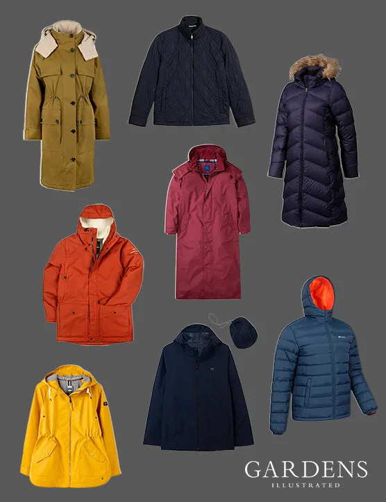 Compilation of showerproof jackets on a grey background