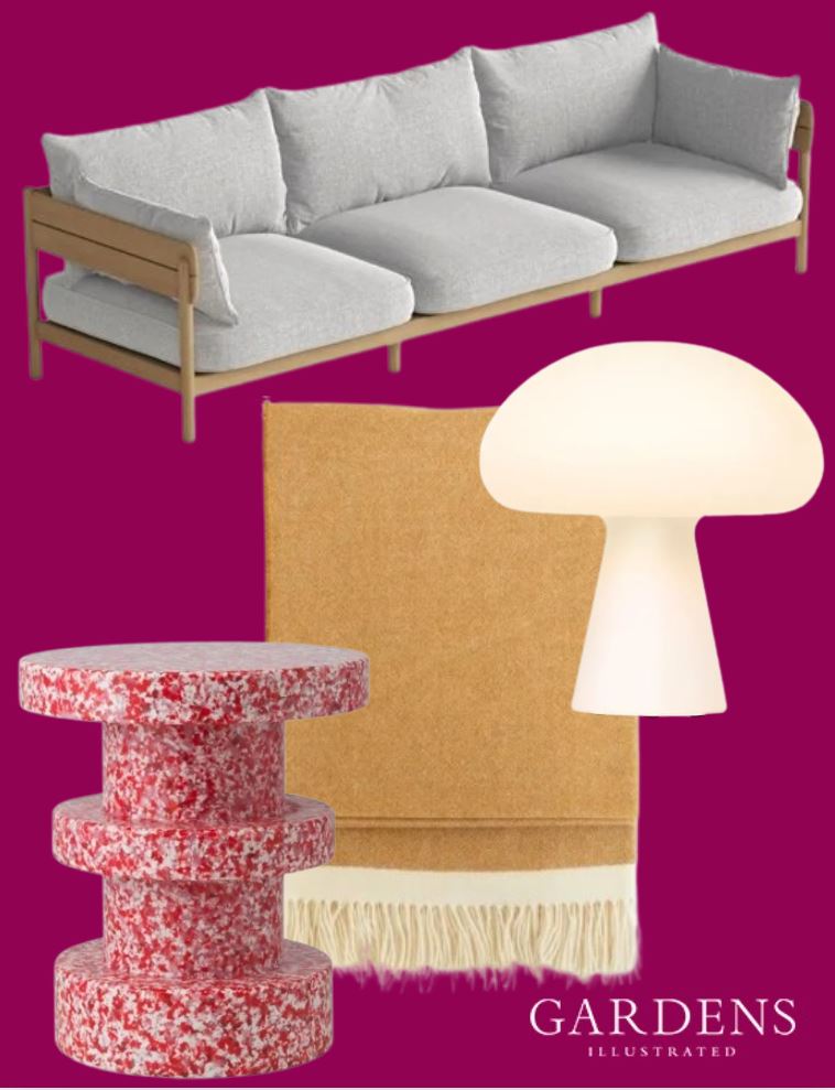 Garden furniture items from Heal's on a pink background