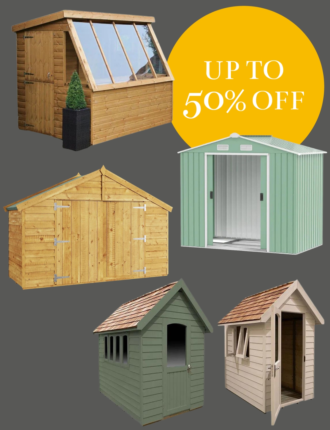 A selection of sheds with a deals sticker on a grey background