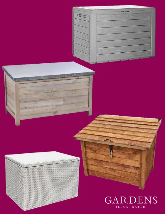 Outdoor storage boxes on a pink background