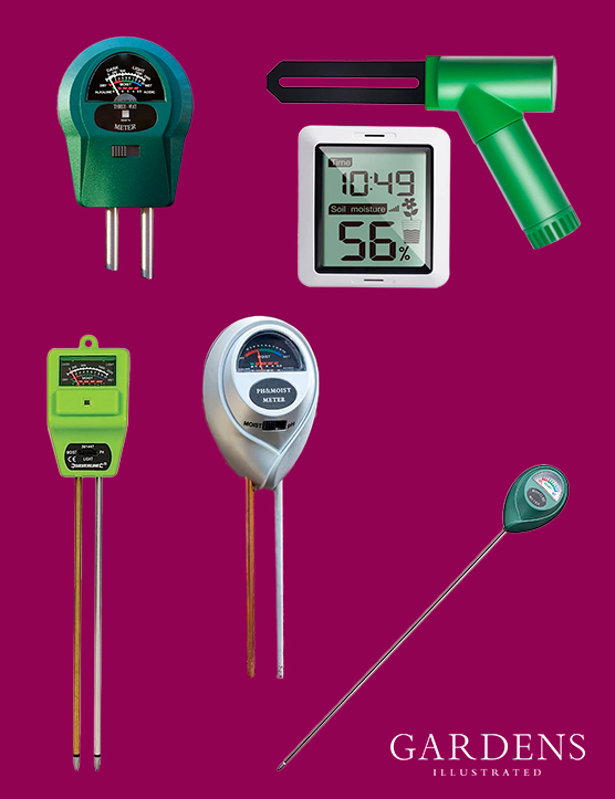 A selection of soil moisture meters on a pink background