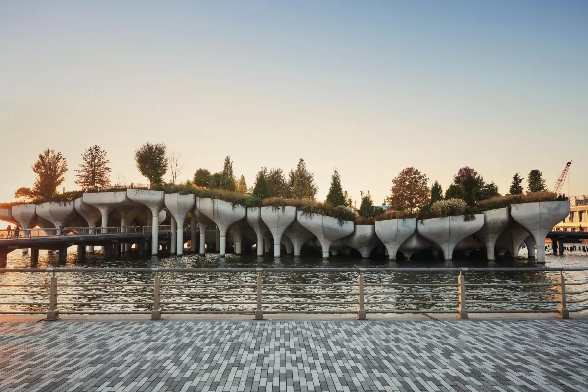 Garden sculpture across water