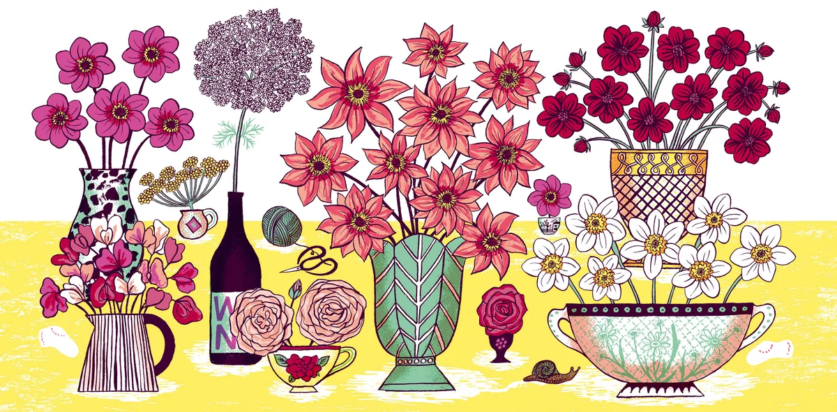 Illustration of cut flowers in vases, including pink and red dahlias.