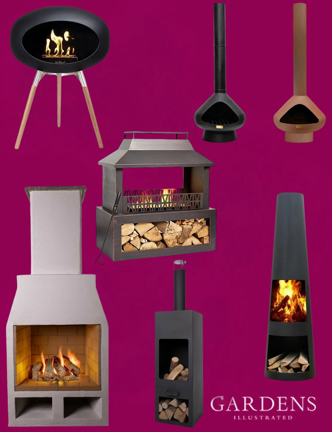 A selection of outdoor fireplaces on a pink background