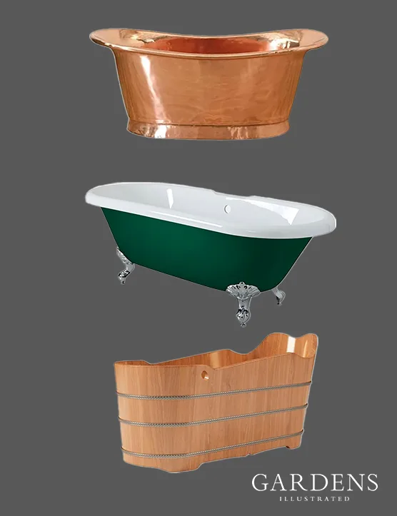A selection of bath tubs on a grey background