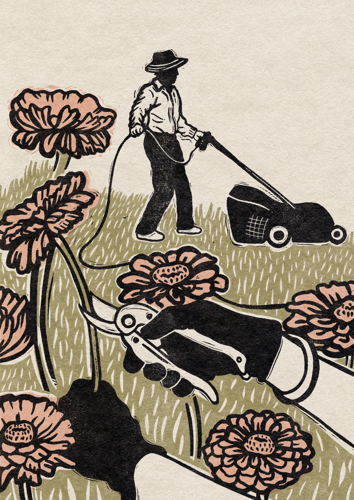 An illustration of a man mowing and a woman pruning flowers