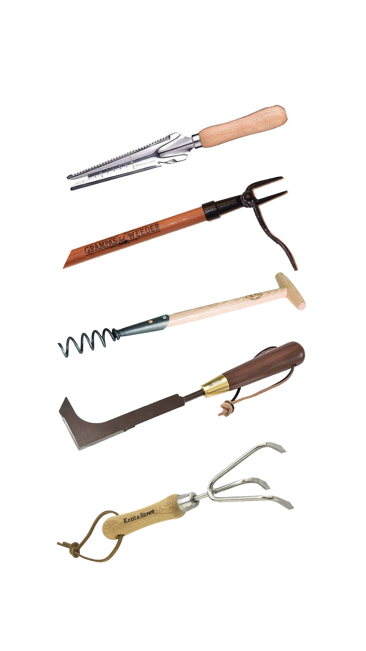 A selection of weeding tools on a white background