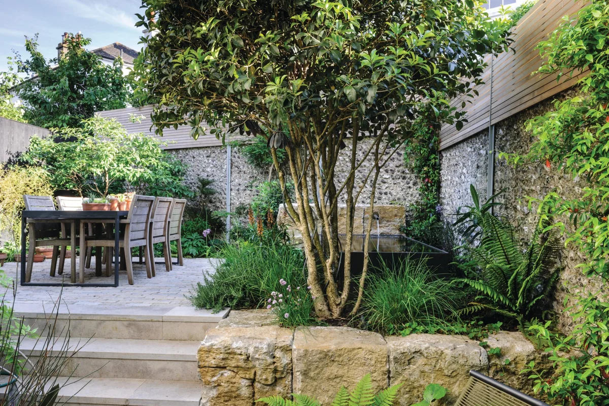 Garden table on patio in summer