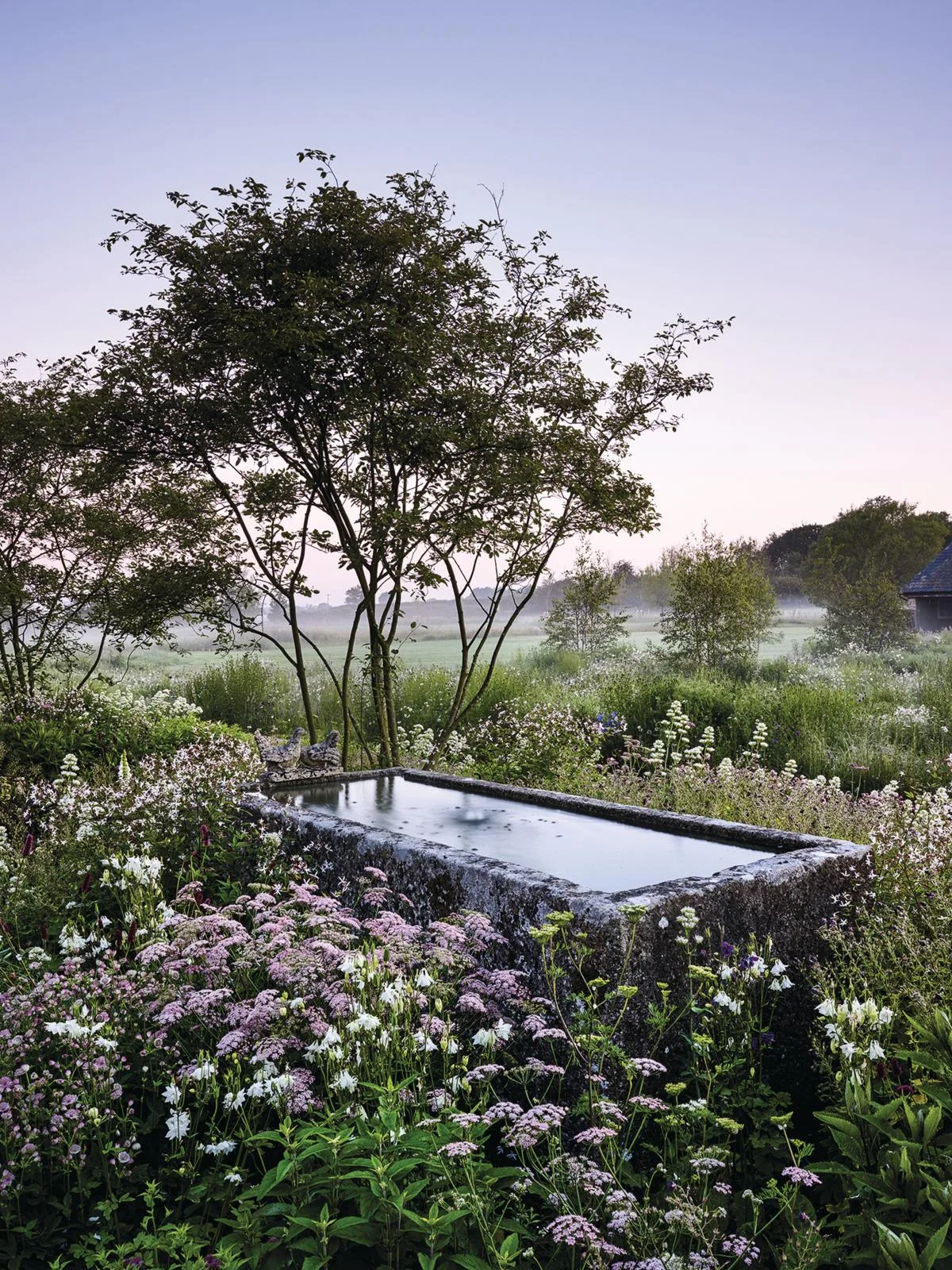 A water trough amid planting at Yelford Manor, designed by Katie Guillebaud
