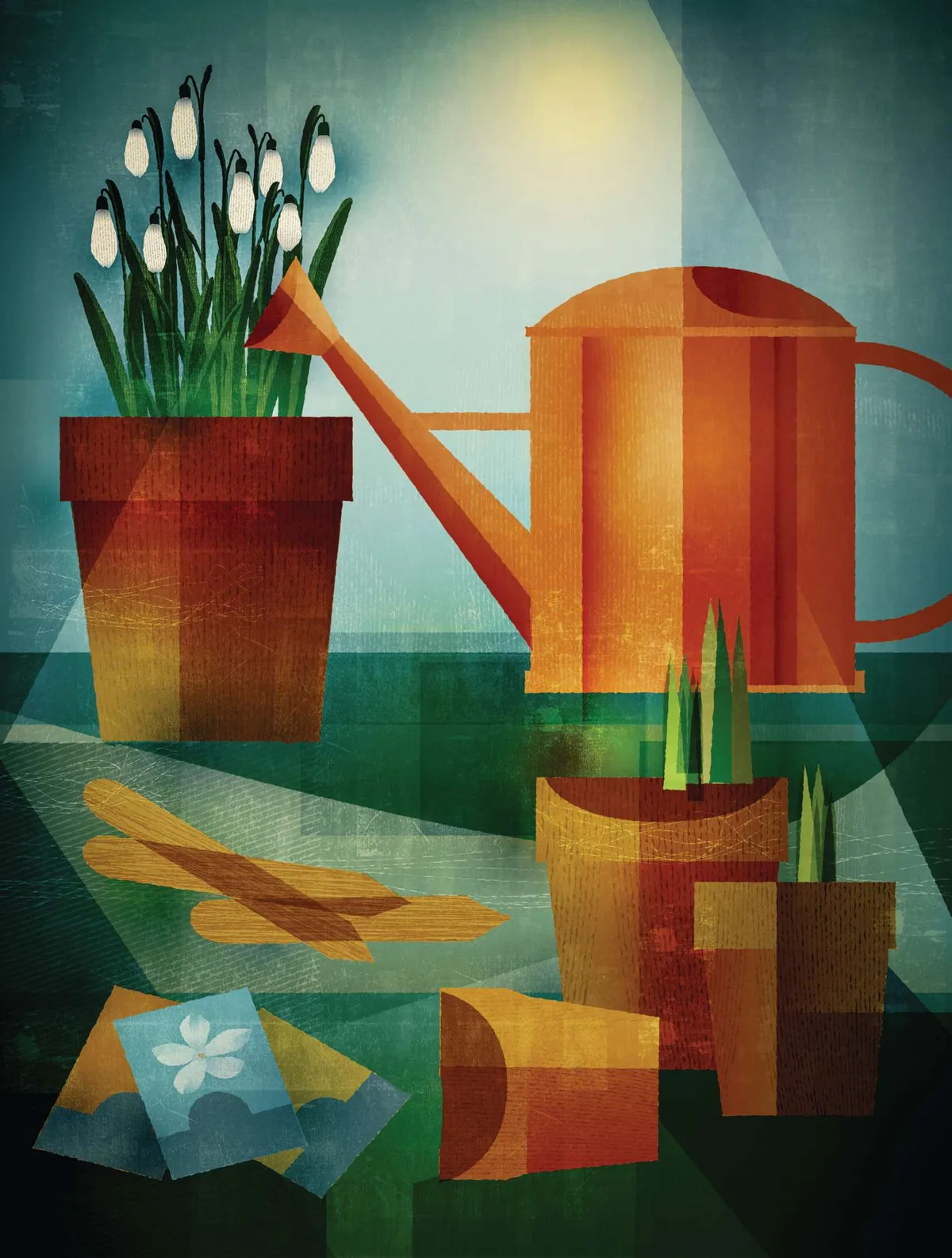 Illustration of snowdrops and watering can