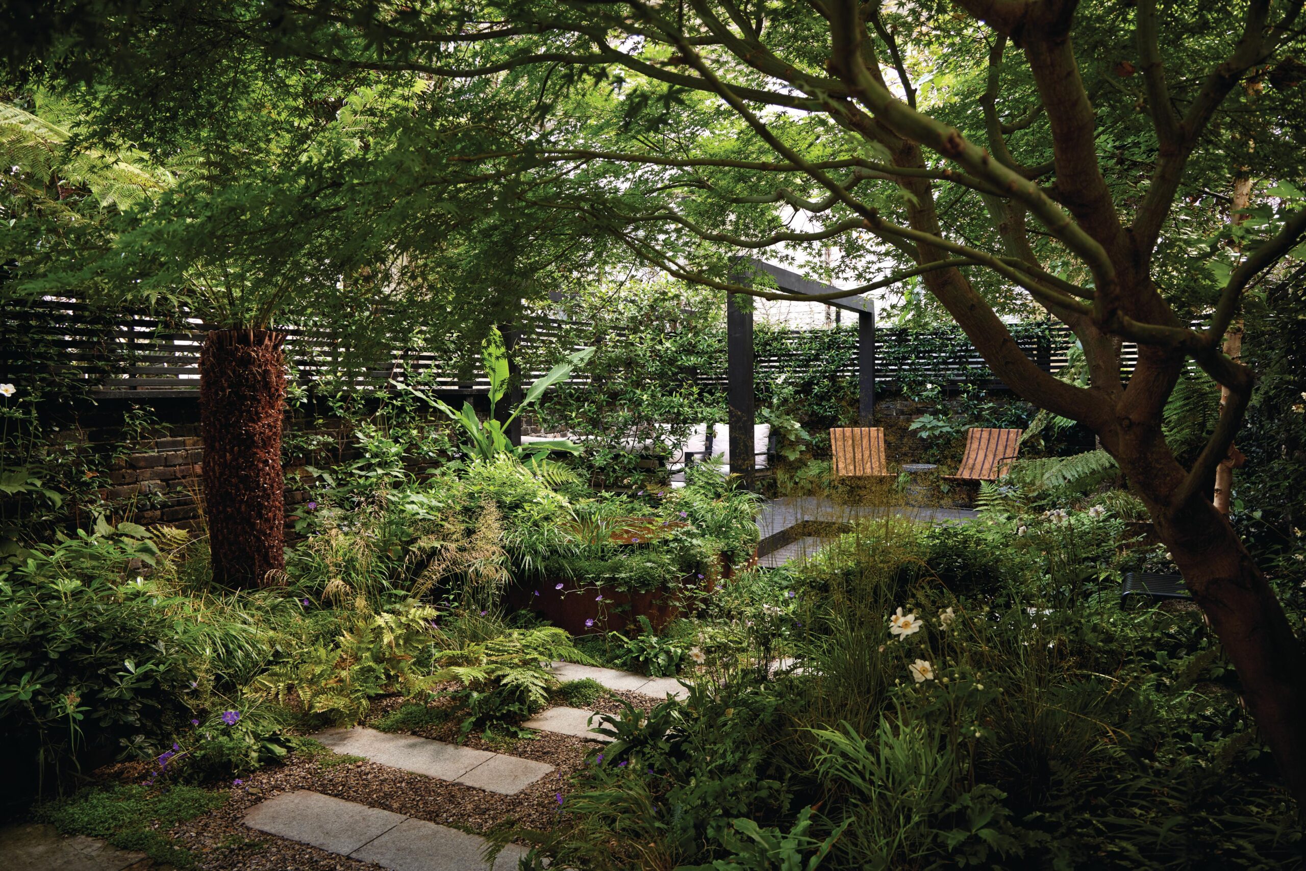 Seats in garden surrounded by trees and plants