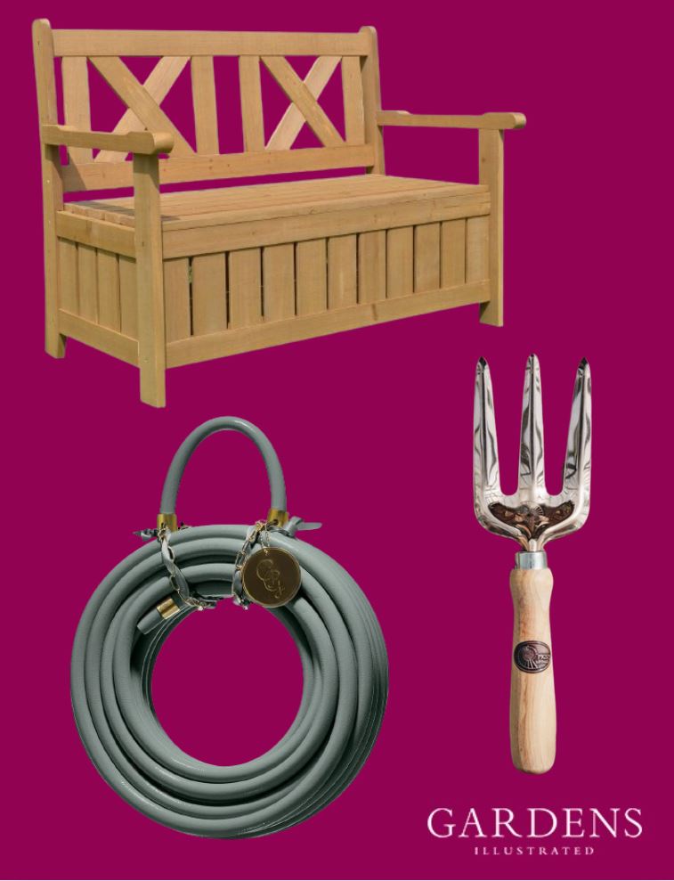 A bench, hose and gardening fork on a pink background