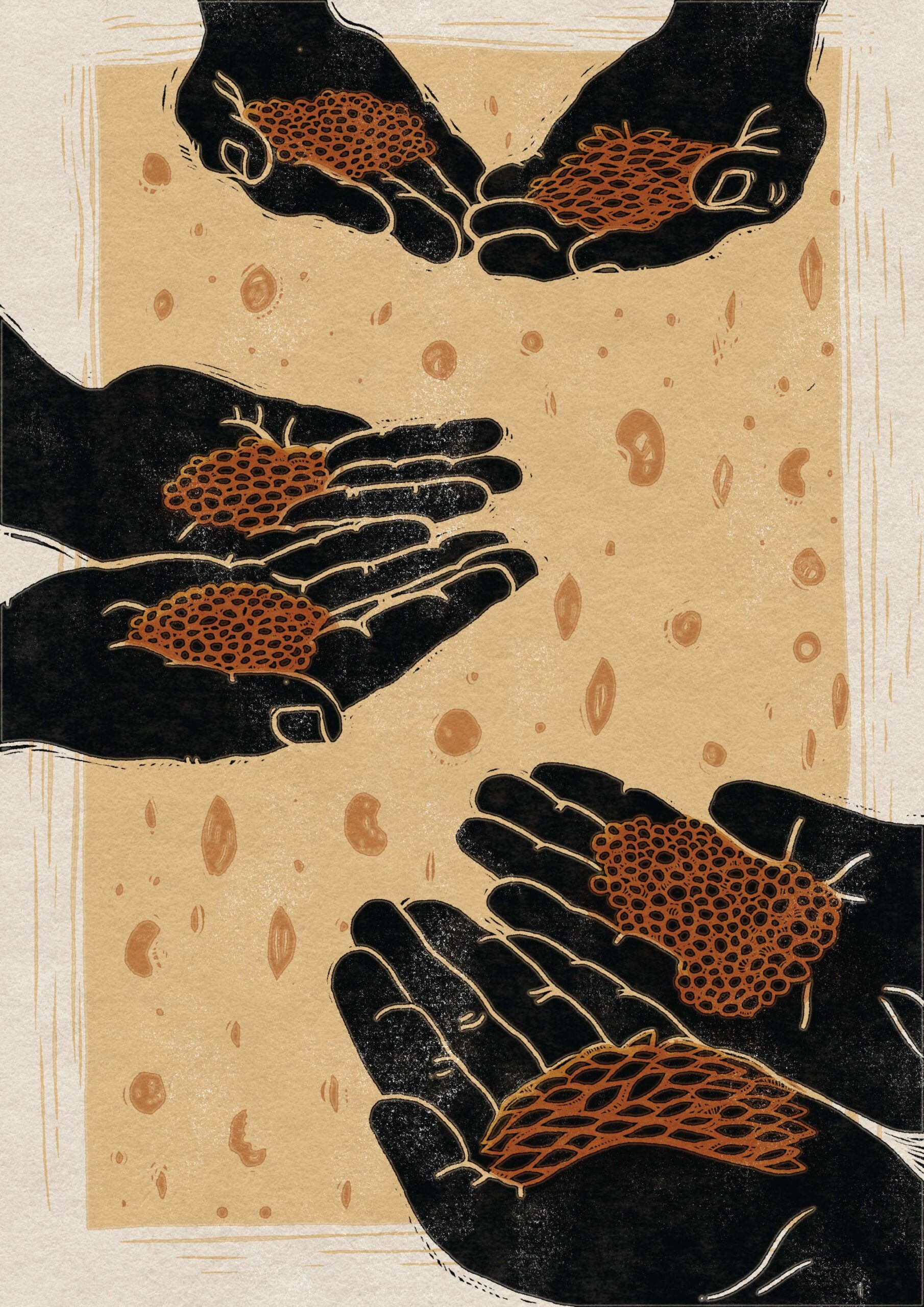 An illustration of people sharing seeds bred using a grex, © Rosanna Morris