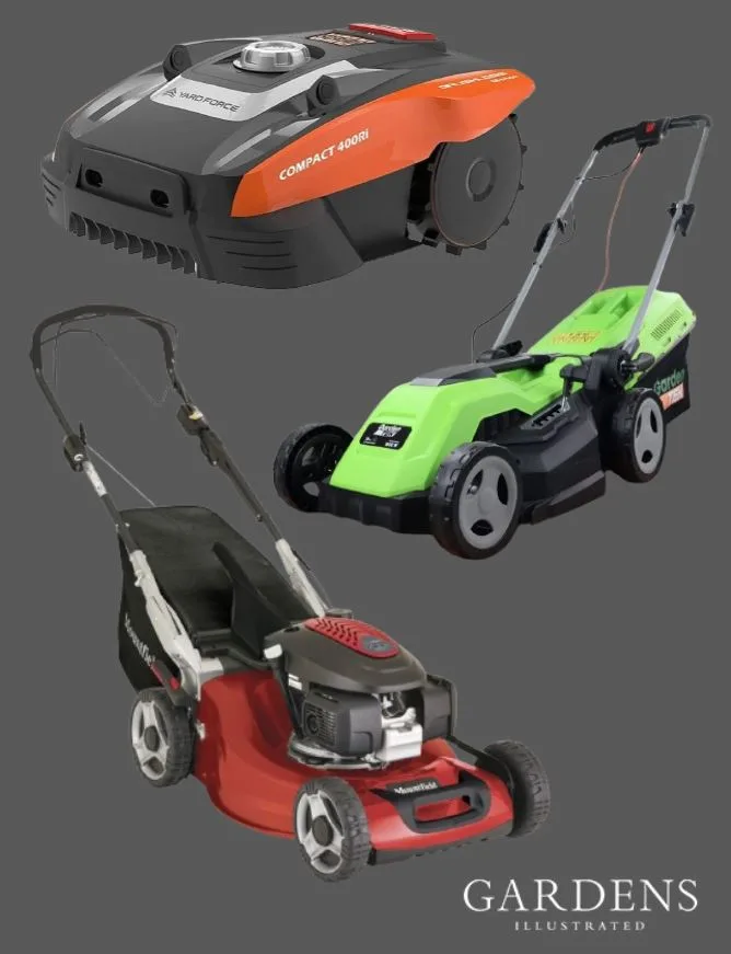 Mulching mowers on a grey background