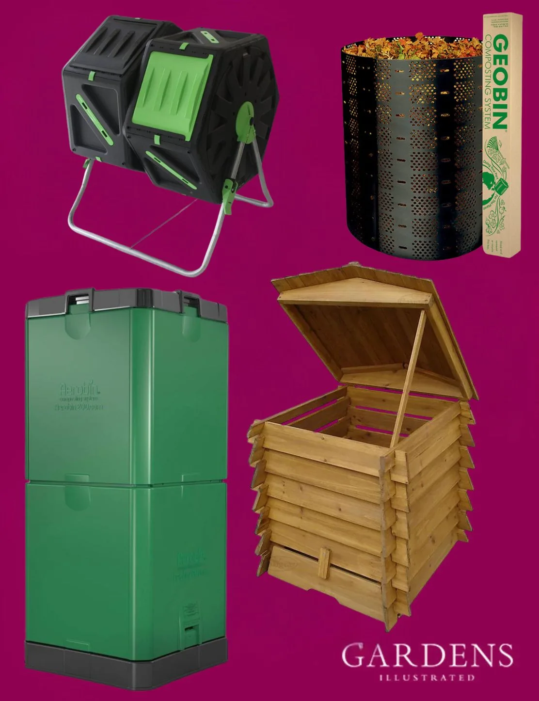 A selection of compost bins on a pink background