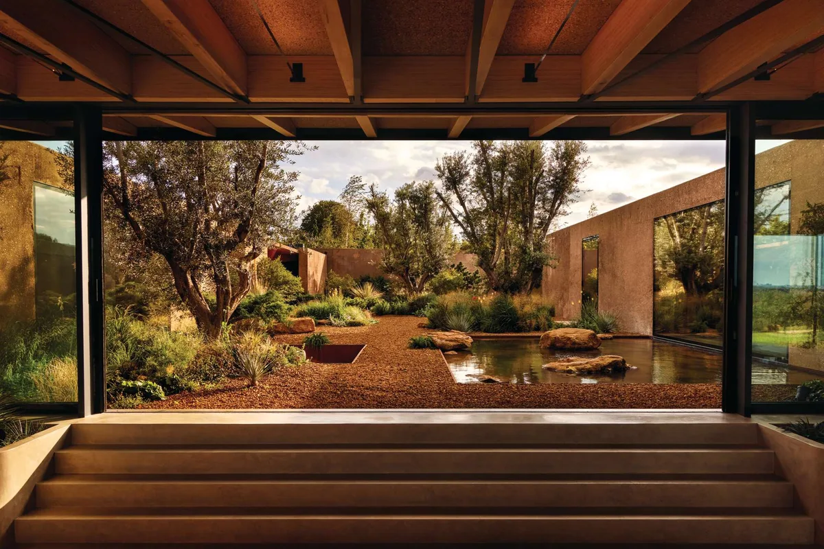 Steps leading up to a window looking out onto a drought tolerant garden