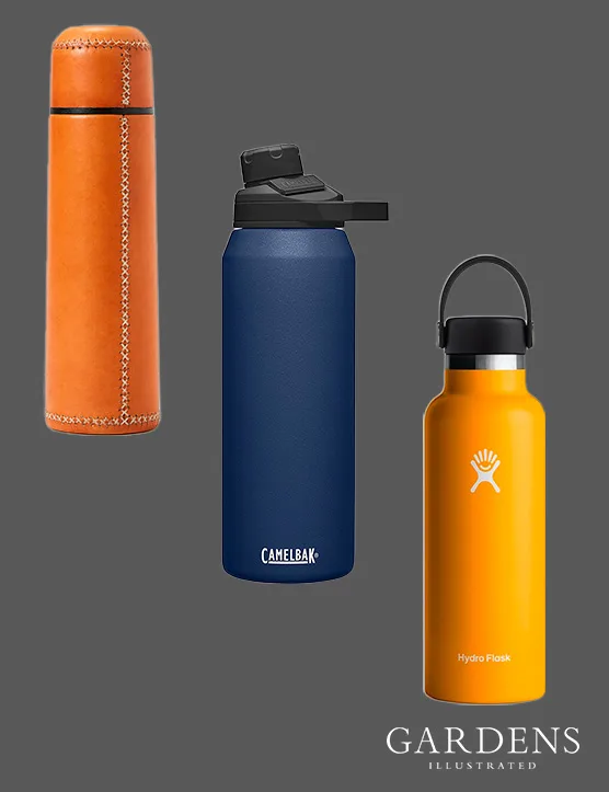Compilation of insulated flasks on a grey background