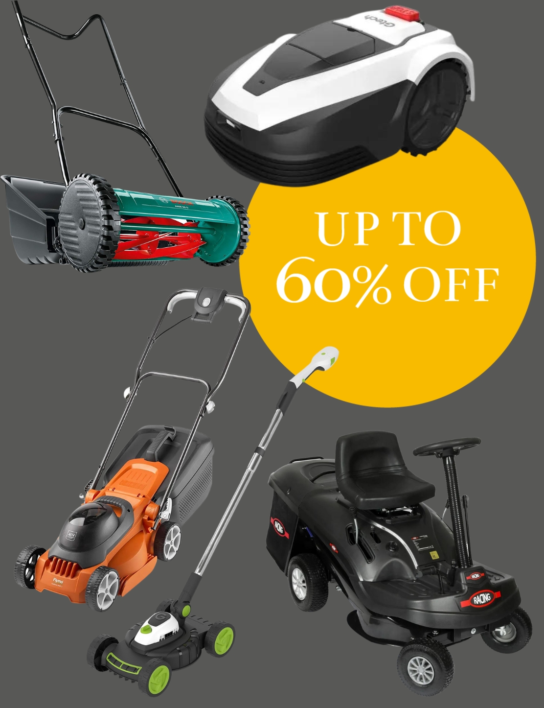 Lawnmowers with deal sticker on a grey background