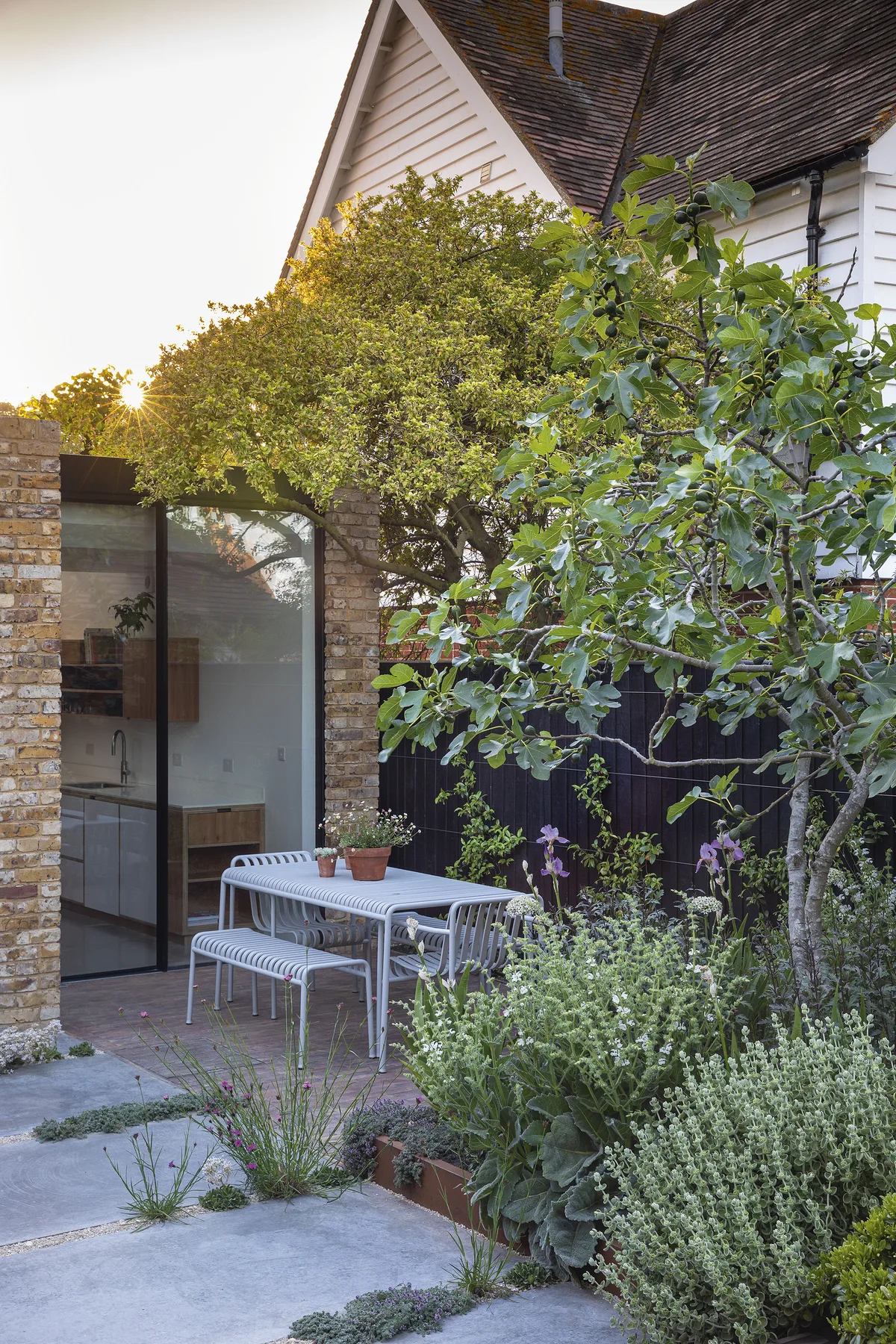 Tucked away on one side of the terrace outside the kitchen, the dining area is screened by a fig tree underplanted with trouble-free Mediterranean species, including woolly thyme, Salvia argentea, Ballota pseudodictamnus and pale-lavender irises.