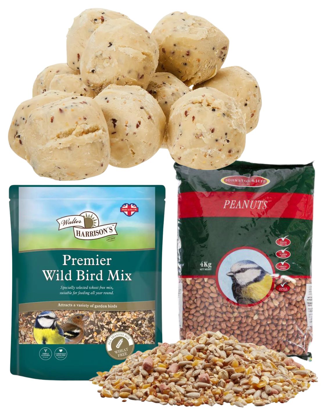 A selection of bird food on a white background