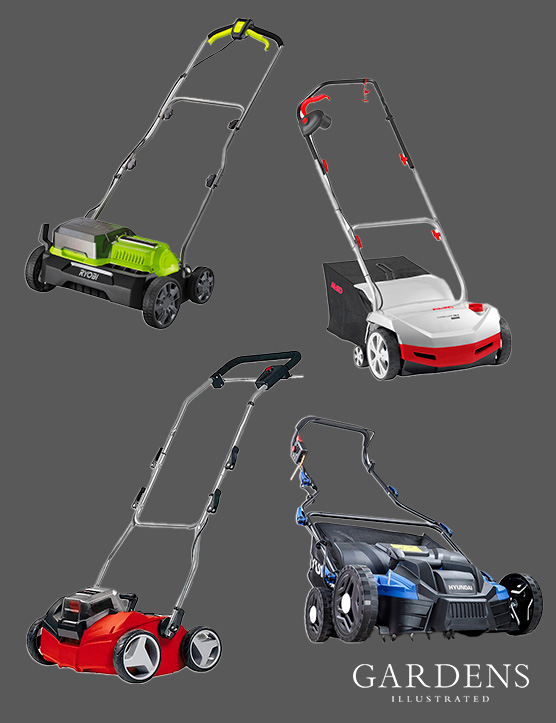 Selection of lawn scarifiers on a grey background