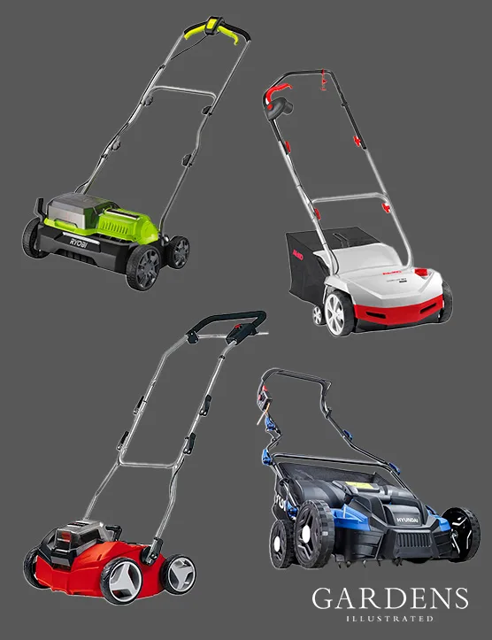 Selection of lawn scarifiers on a grey background