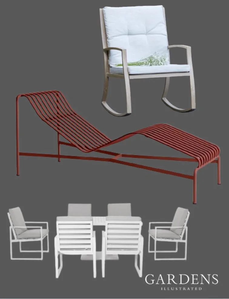 Modern metal garden furniture on a grey background