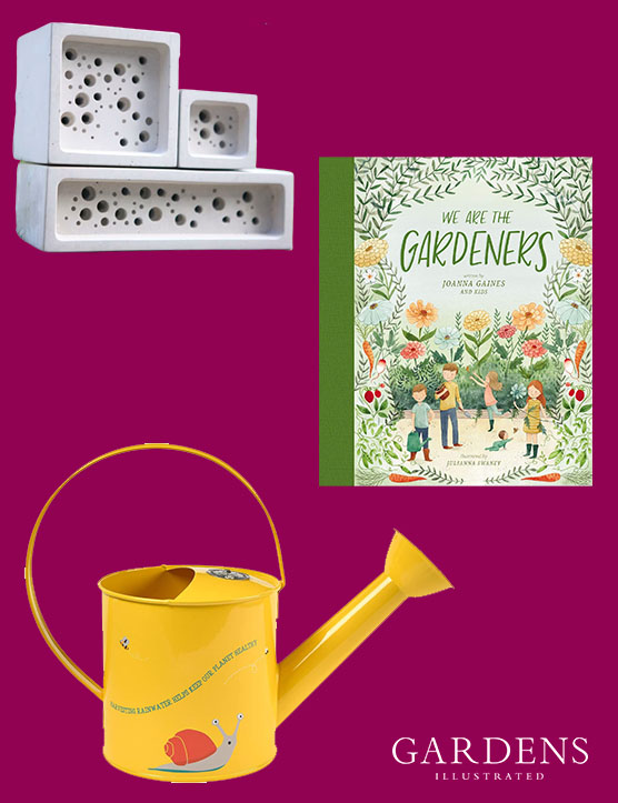 Children's gardening gifts on a pink background