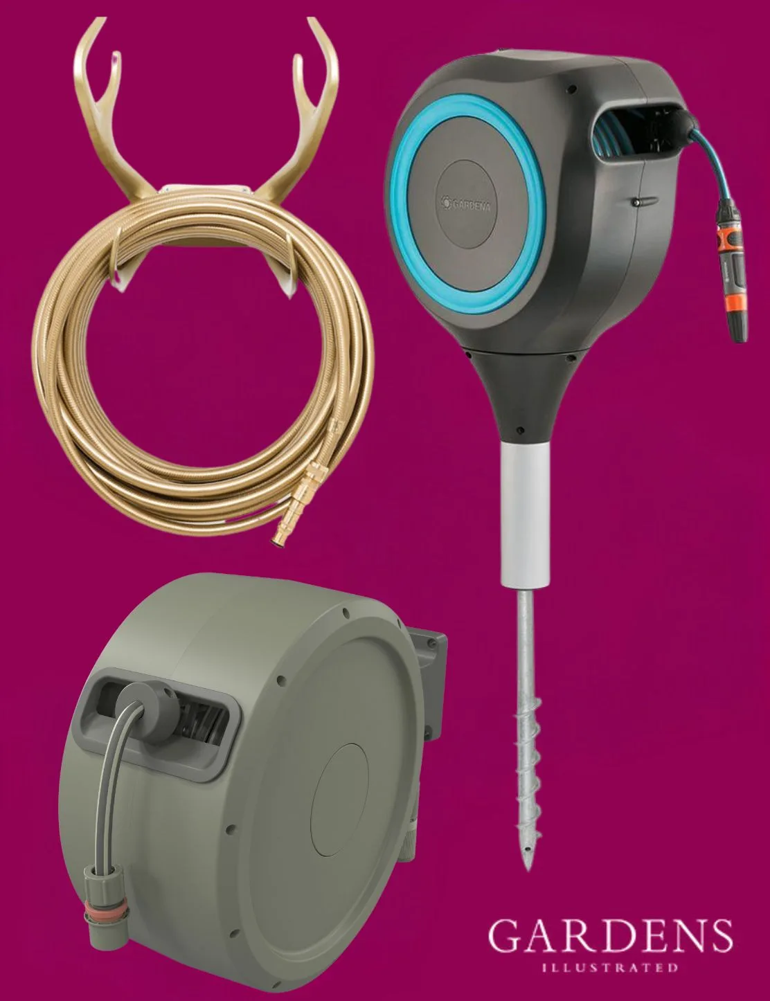 A selection of hose reels on a pink background