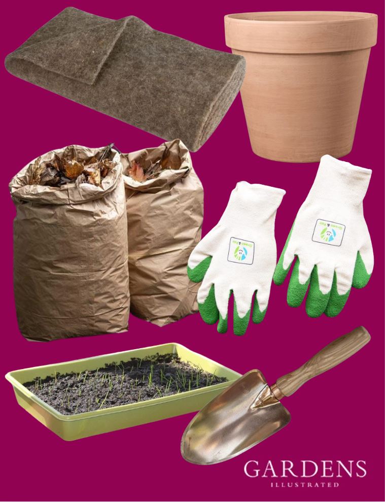 Plastic-free gardening products on a pink background