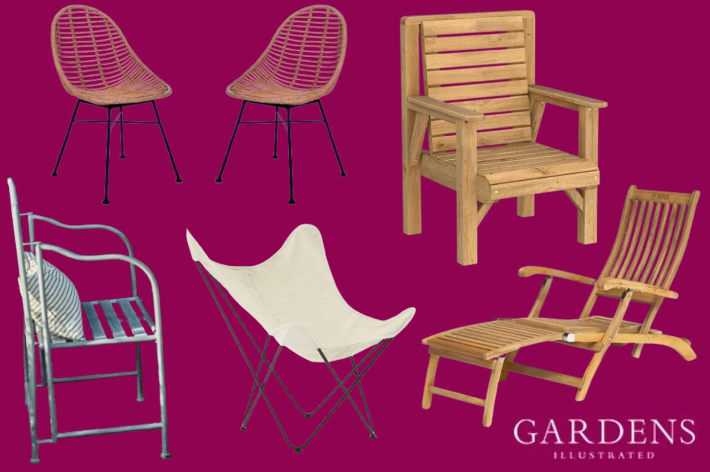 A selection of garden chairs on a pink background