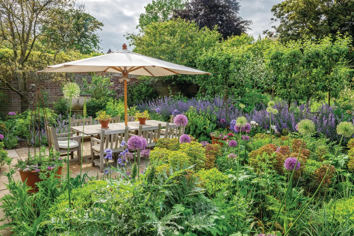 Garden seating surrounded by plants
