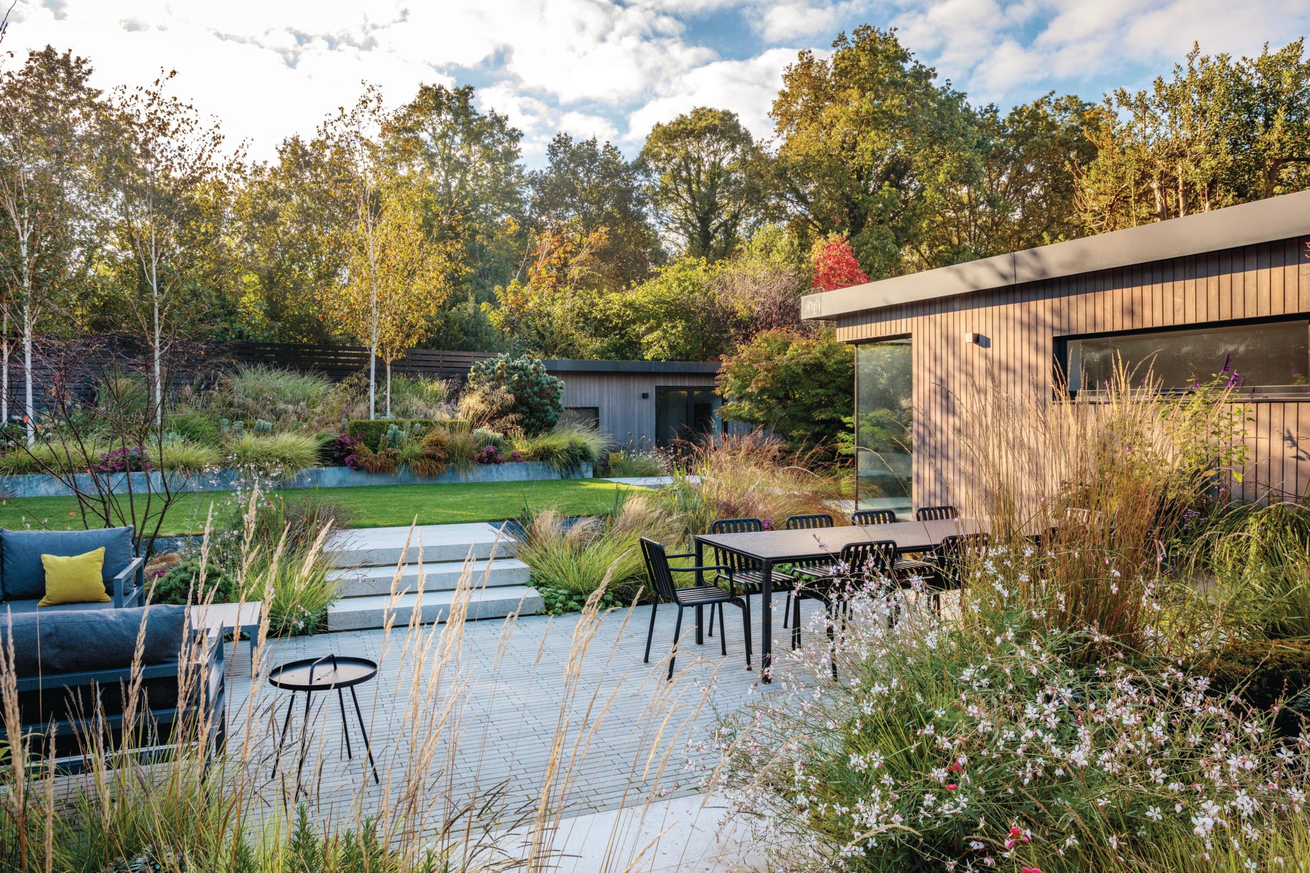 Wooden house and garden with seating